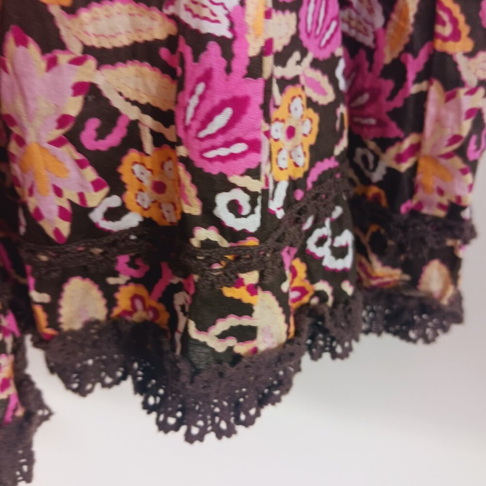 Gianni Bini, Boho Brown Floral Print Skirt, Size 12, Lace Trim, Cottage Core - Picture 5 of 13